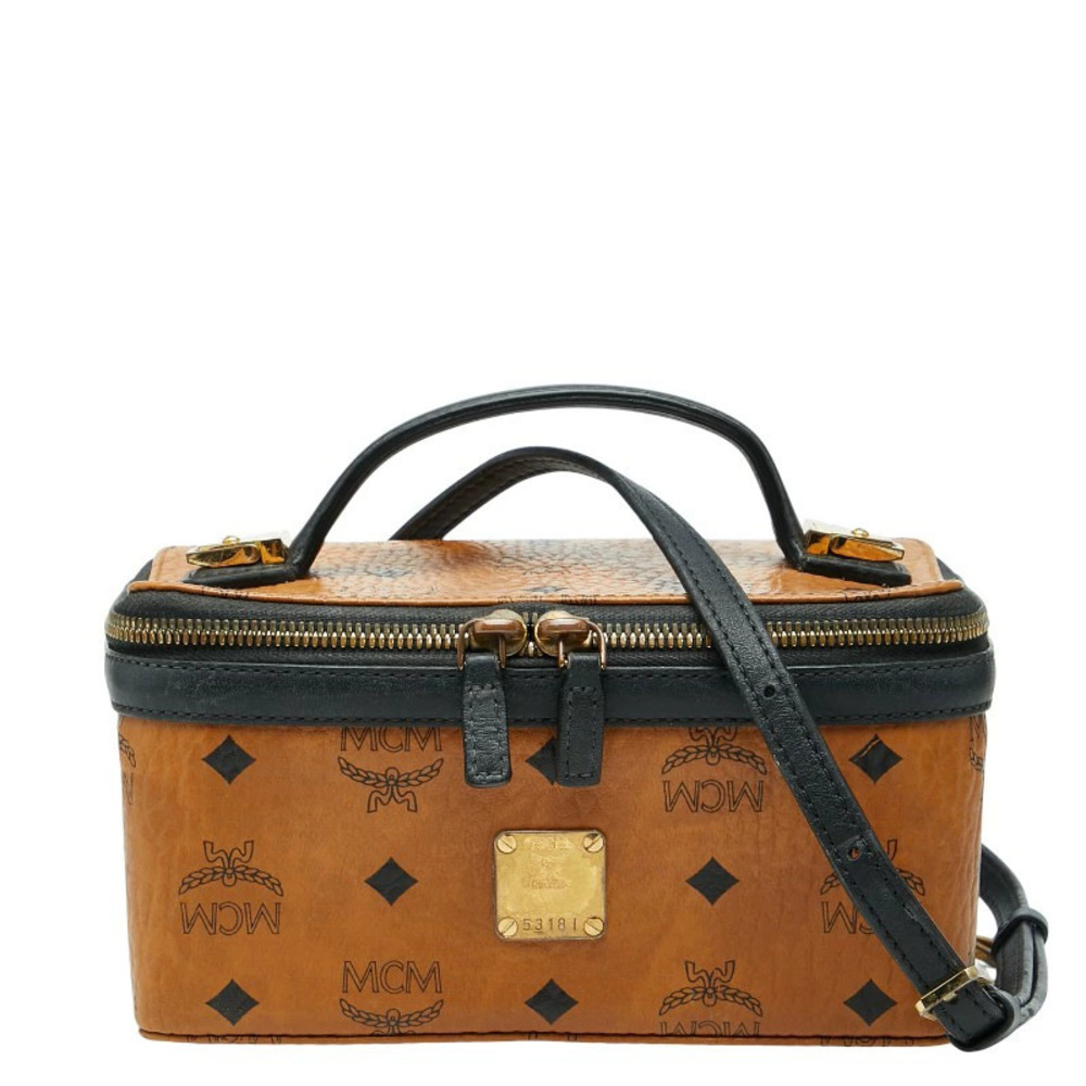 MCM Visetos Monogram Vanity Bag Shoulder Brown Black Leather